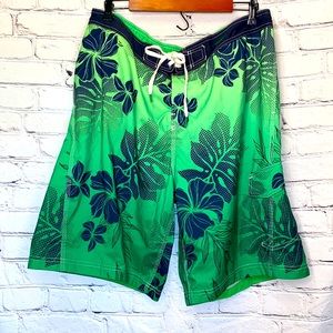 Speedo Blue & Green Hibiscus Swim Trunks Size X-Large